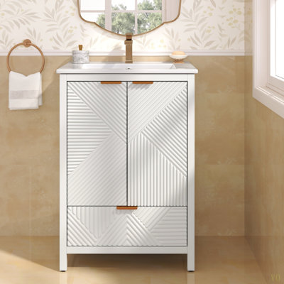 Meuble-lavabo 24 po avec lavabo combiné, meuble-lavabo moderne avec trou de robinet simple, panneaux de porte texturés et tiroir, pieds en pin, grand espace de rangement et charnières à fermeture en douceur