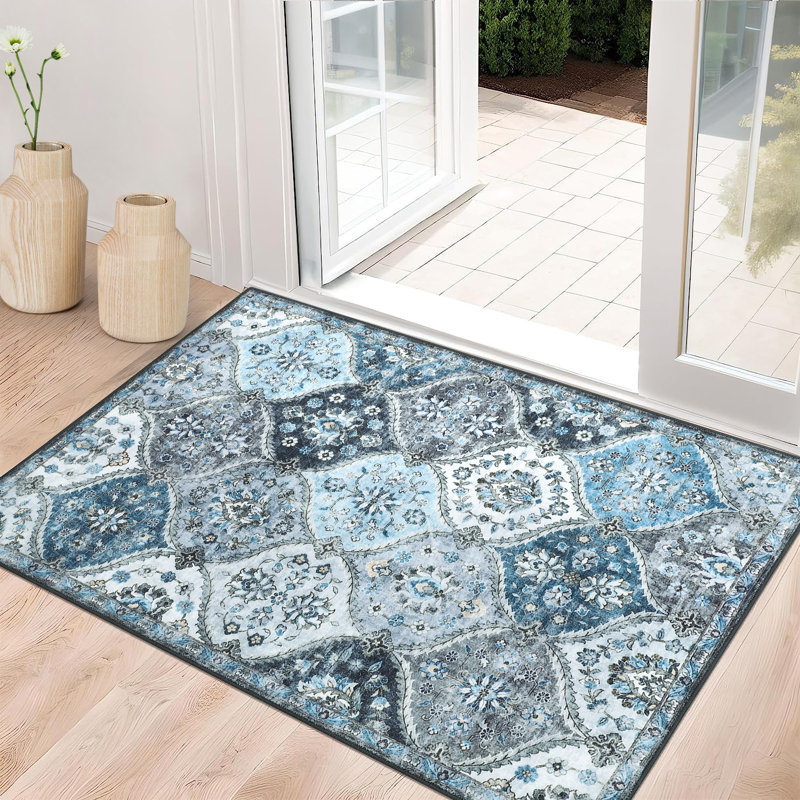Washable Rug Vintage Distressed Rugs Non-Slip Stain Resistant Area Rug Floor Cover for Bedroom Living Room, Blue