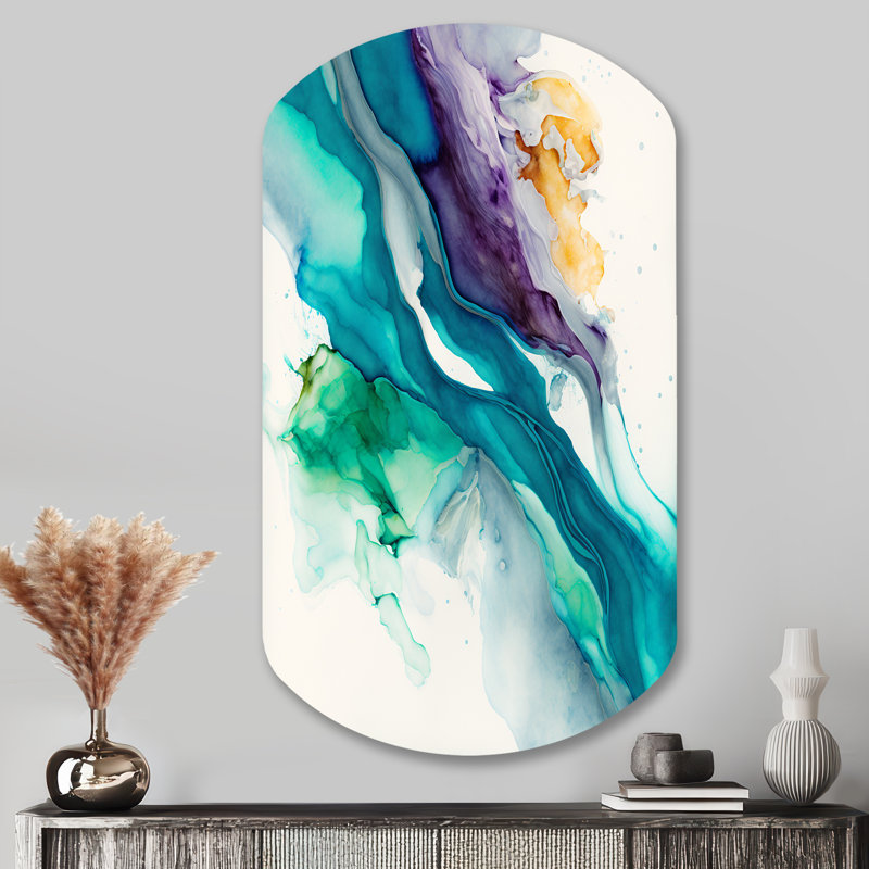 «Tropical Turquoise Joyfulness III», art mural asymétrique abstrait en forme de cylindre à encre liquide, H 43 po x l 23 po