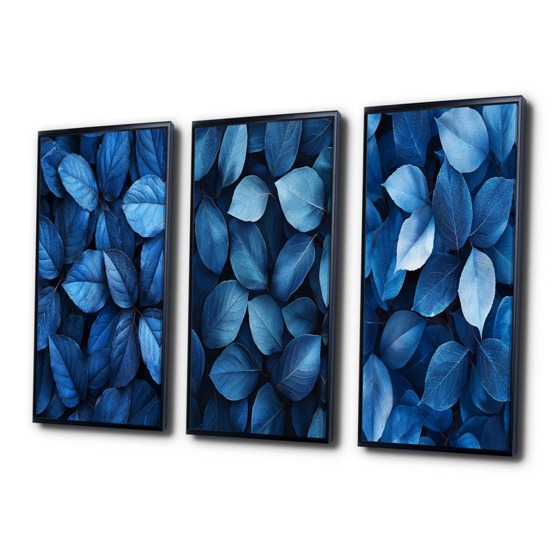«Midnight Blue Leaves Tranquility I», collection d'impressions sur toile traditionnelles dorées, H 32 po x l 48 po, Noir