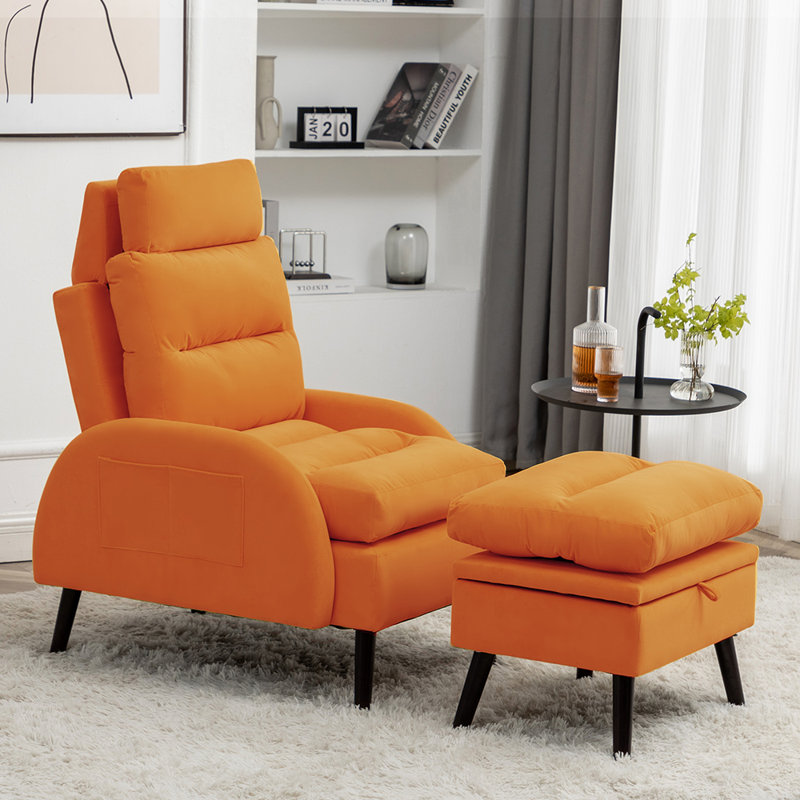 Jonilda Upholstered Accent Chair and Ottoman with  Adjustable Backrest, Orange Velvet