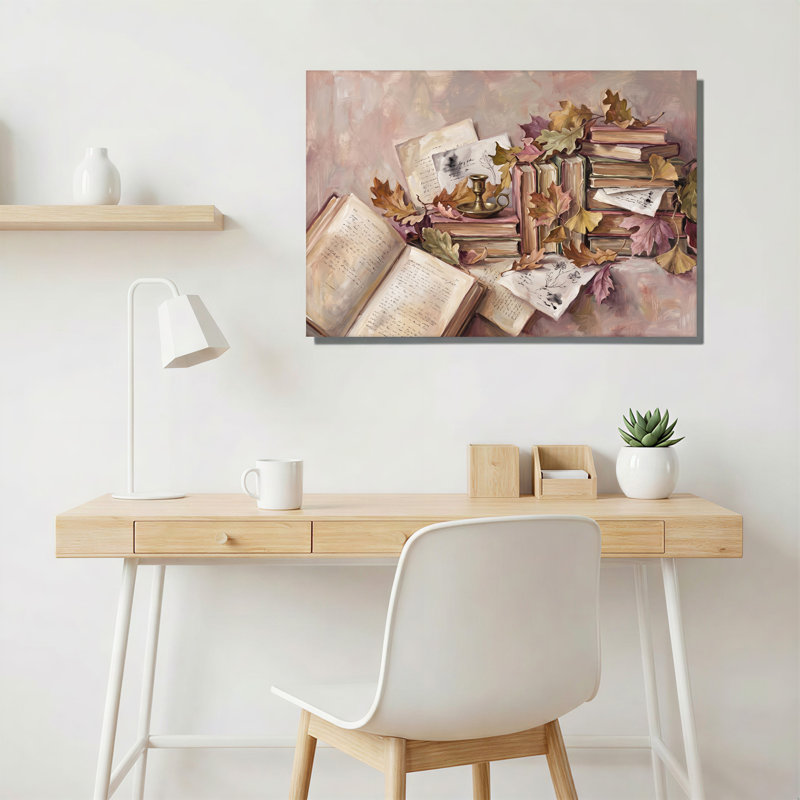 Impression sur toile livres empilés et feuilles d'automne avec chandelier, H 24 po x l 36 po