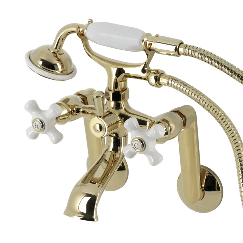 Kingston Brass Kingston Three-Handle 2-Hole Tub Wall Mount Clawfoot Tub Faucet with Hand Shower, Polished Brass