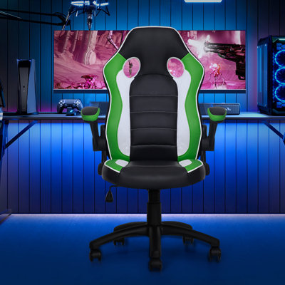 Faux Leather Computer Gaming Racer Chair, Adjustable Ergonomic Computer Racing Seat with Flip-Up Arm -  Inbox Zero, EF711DD654F5428BA49248AFD8D22EF2