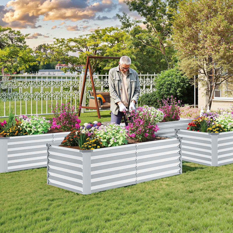 Galvanised Metal Raised Garden Bed With Support Rod & Gloves, 46cm H x 120cm W x 58cm D, Silver