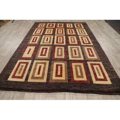 Tapis décoratif en laine de conception unique 6 pi 8 po x 9 pi 4 po noué à la main New Age en laine brun/beige/rouge