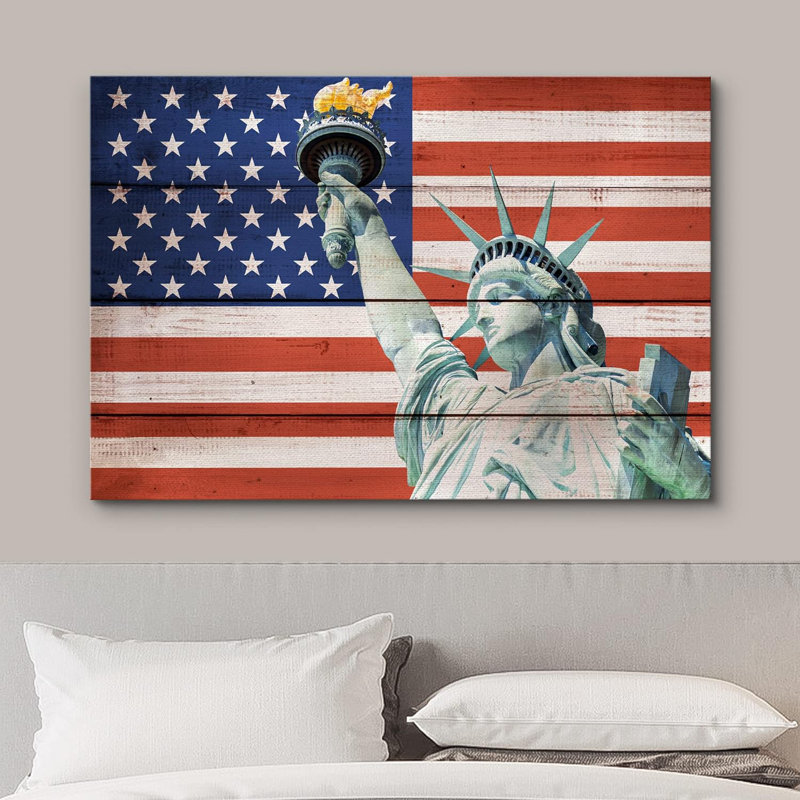 Country Flag " Wood Panel Effect Statue Of Liberty American Flag Stars ", 32" H x 48" W x 1.5" D