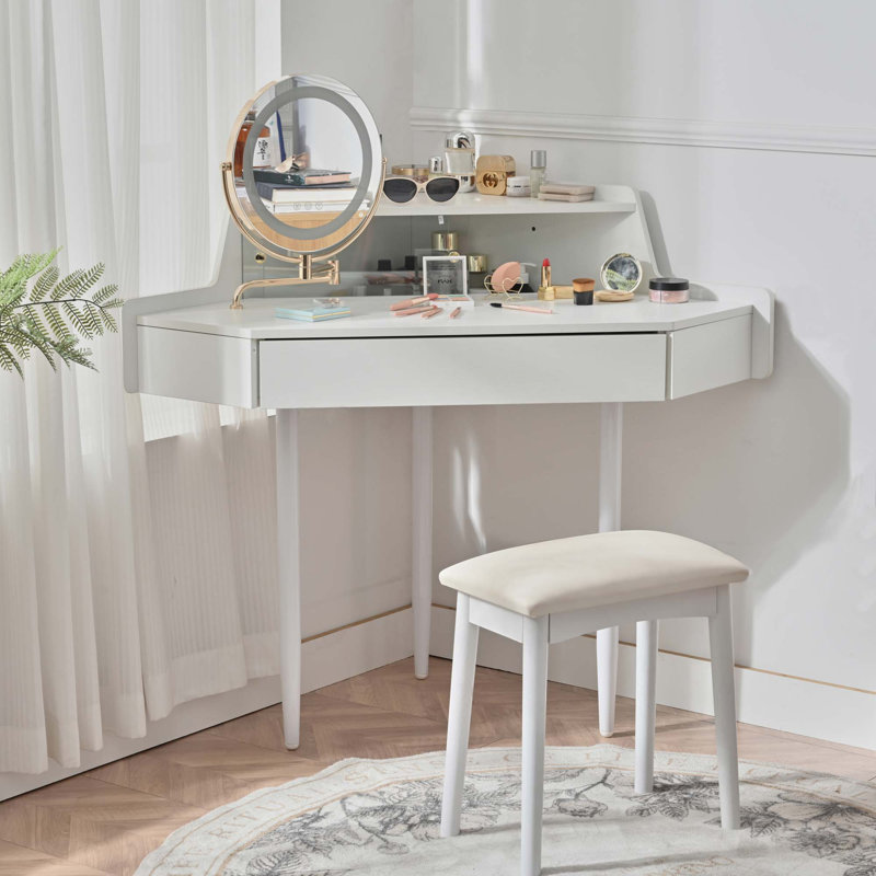 Meuble-lavabo de coin moderne avec grand rangement, miroir DEL et tabouret, luminosité réglable, peu encombrant