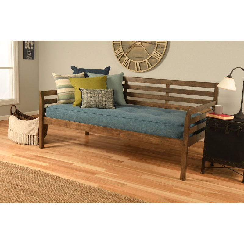 Alhamdi Solid Wood Daybed, Rustic Walnut, Linen Aqua