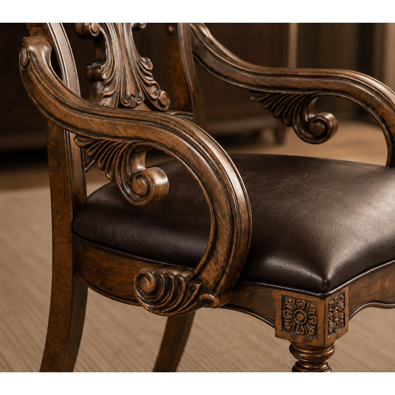 Pimm 19.5" H Upholstered Armchair — Dark Oak Finish · Faux Leather Seat · Ornate Carved Details