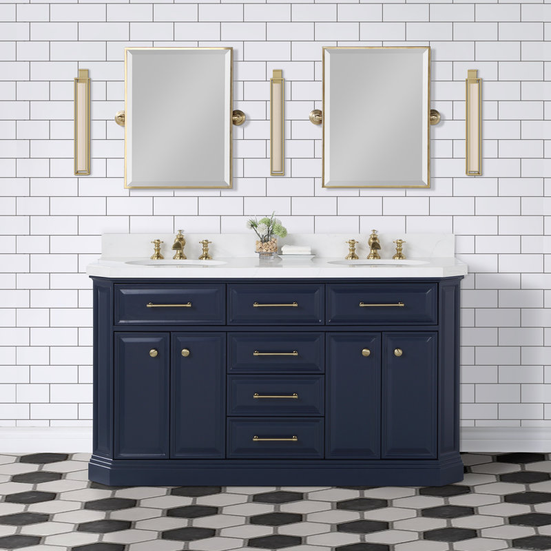 Palace 60 In. Double Sink White Quartz Countertop Vanity In Monarch Blue With Waterfall Faucets