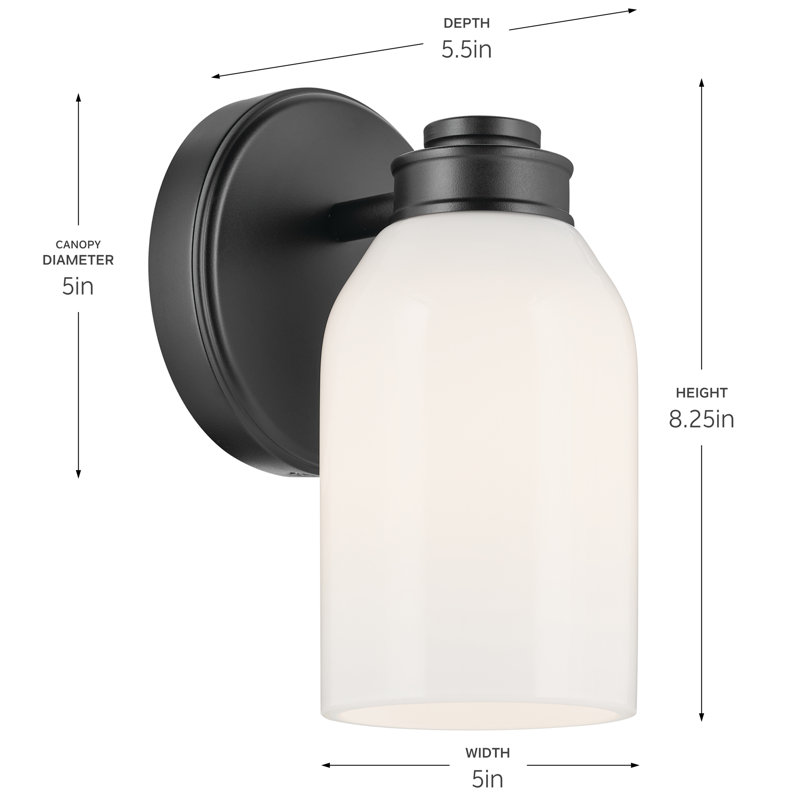 Applique murale 1 lumière 8,25 po avec verre opale blanc, Noir satiné