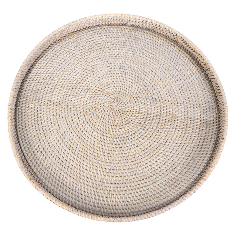 19" Round Serving-ottoman Tray With Glass Insert, 19" W x 19" D x 1.5" H, Whitewash