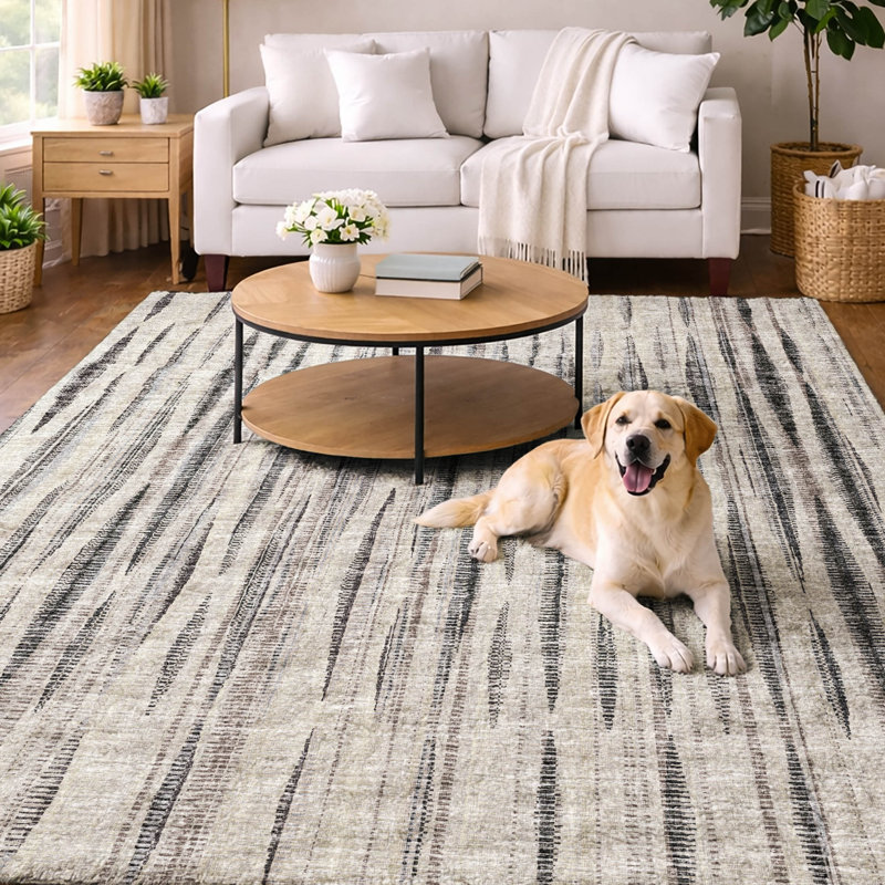 Tapis à rayures texturé de qualité supérieure lavable à la machine ADS31, Beige, 10 pi x 14 pi