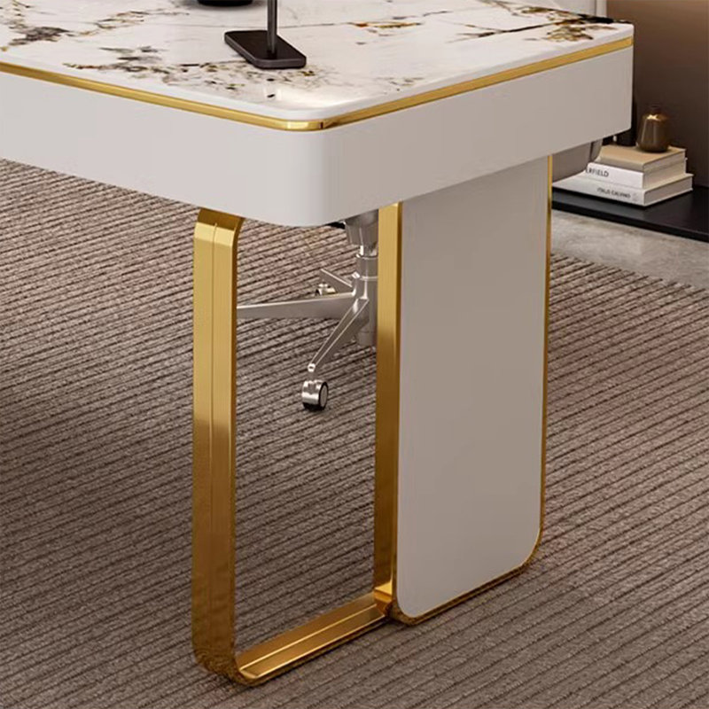 Bureau blanc avec tiroirs en pierre blanche avec tiroirs, H 31,5 po x l 64,96 po x P 25,59 po