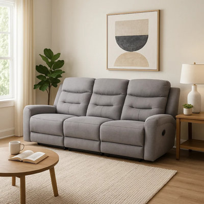 Clair Manual Recliner Sofa, Scroll Arms, 87 Inch, Solid Wood, Gray Fabric