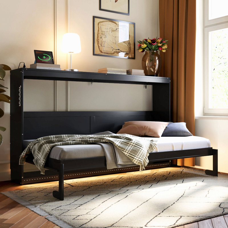 Lit escamotable moderne pliant sur le côté avec motif imprimé tendance, éclairage DEL sous le lit et prise USB intégrée, Noir