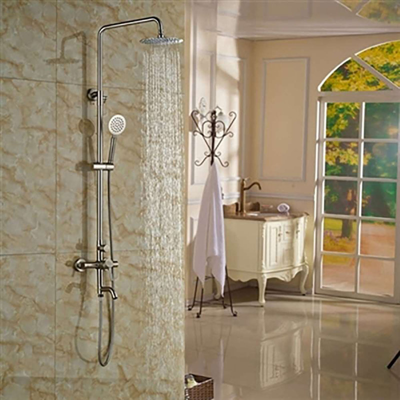 Naples Wall Mount Brushed Nickel Shower Set with 8-Inch Rainfall Shower Head and Handheld – Solid Brass Construction