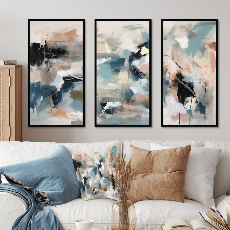 Gris et bleu, vagues vives fluides III - art mural abstrait, H 28 po x l 36 po x P 1 po, Cadre flottant noir