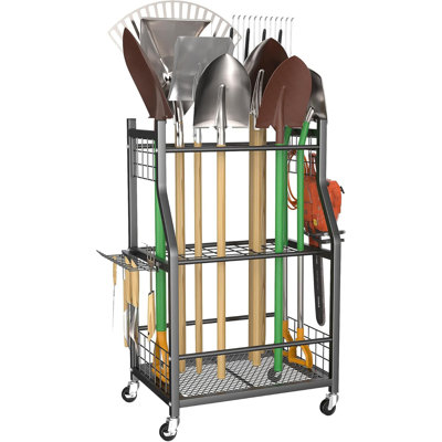 Rangement pour outils de jardin avec roues pour garage, râteaux