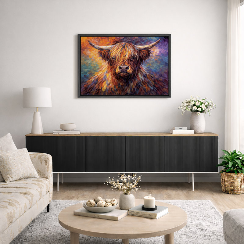 «Highland Cow», art animalier coloré, impression sur toile encadrée, H 24 po x l 36 po x P 1,5 po, Cadre noir