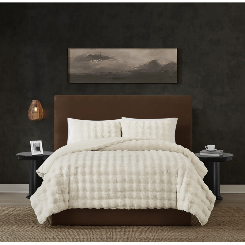 Ensemble d'édredon en fausse fourrure Frye Bubble, Ivoire ivoire, Édredon simple TG + 1 taie décorative simple