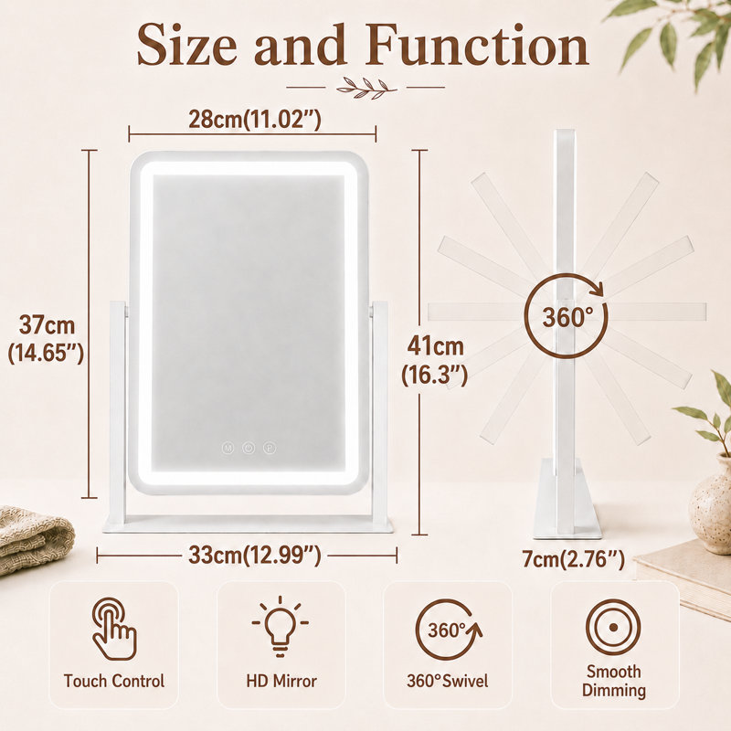 Rectangle LED Bedroom Mirror with Adjustable Lights, 360° Rotation, Rounded Edge