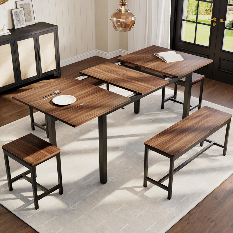 5-Piece Extendable Dining Table Set for 4-8 People, 63 Inch Kitchen Table with 2 Benches & 2 Stools, Space Saving Modern Dining Room Furniture, Easy Assembly Metal Frame - Brown