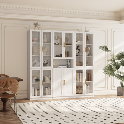 70.9" Display Cabinet With Glass Door and Adjustable Shelves, White
