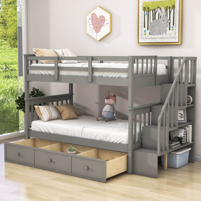 3 Drawers Wood Standard Bunk Bed, Gray, Twin Over Twin