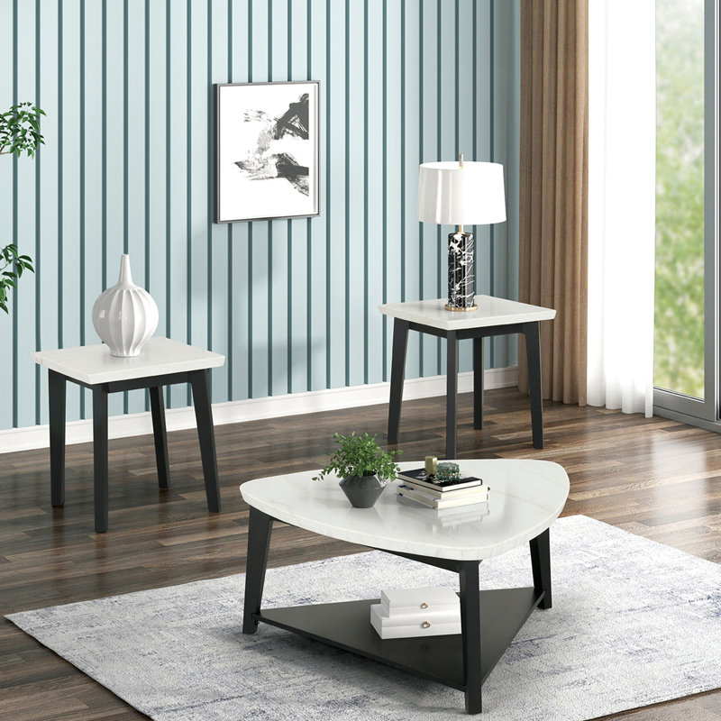 Ensemble de table 3 pièces de style contemporain 1 table basse triangulaire 2 x table de bout carrée avec plateau de rangement inférieur en marbre et finition noire et blanche