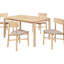 Salle à manger 5 pièces en bois blanchi de style moderne du milieu du siècle, table rectangulaire, chaises rembourrées beige, 4 places assises en bois et tissu.