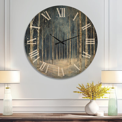 Oversized Nature Printed Wood Wall Clock – Winter Forest Frosted Trees