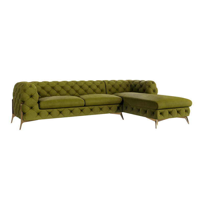 Chesterfield Corner Chaise Sofa  with Gold Metal Legs, Right Hand Facing, Olive
