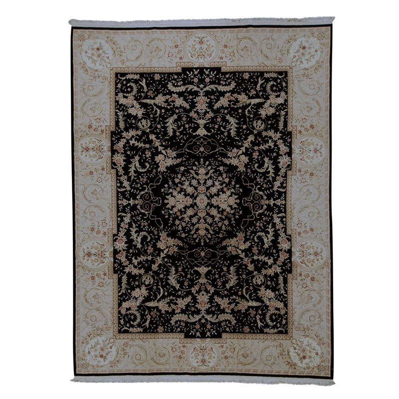 Tapis noir / gris noué à la main de conception unique 8 pi 9 po x 11 pi 9 po