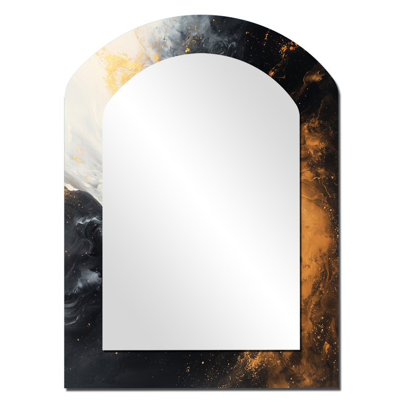 Gold And Black Auroras Edge Shapes III - Abstract Shapes Asymmetrical Decorative Wall Mirror, Modern Arch Mirror, Printed Metal Art