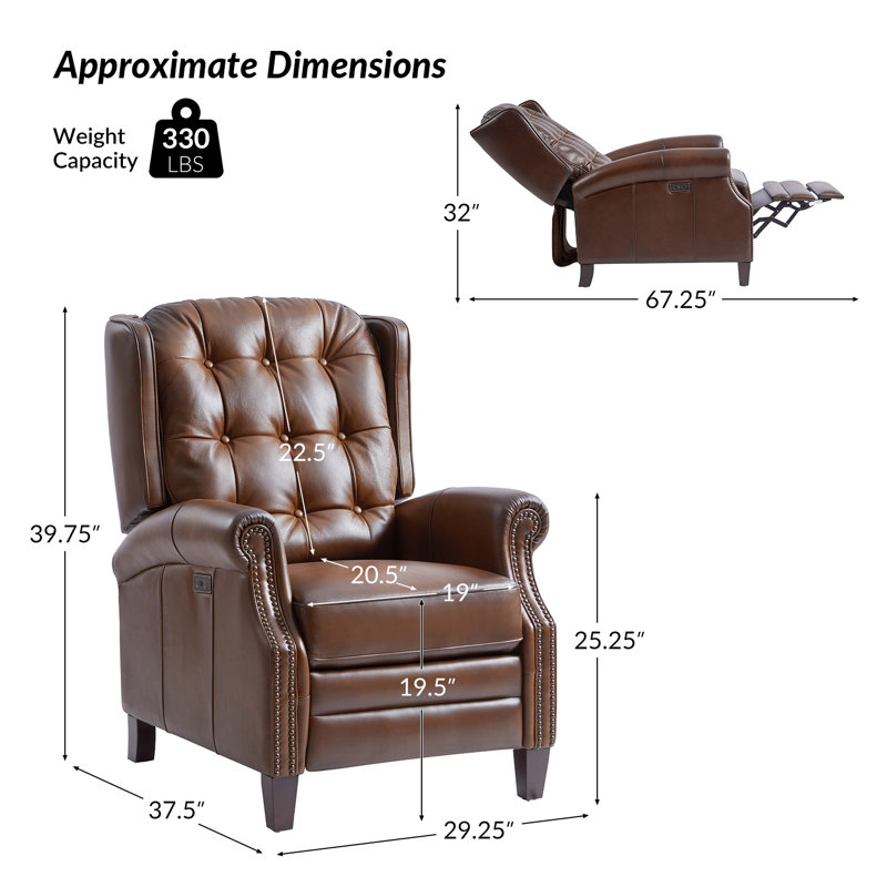Fauteuil inclinable électrique en cuir ciré l 29,25 po Toniyah avec pieds en bois massif, Brun