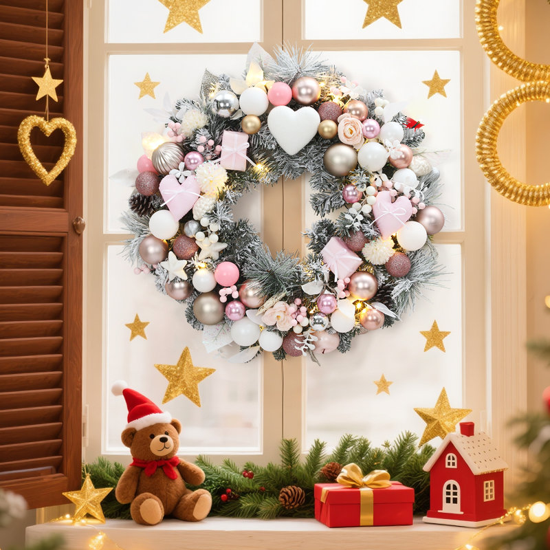 Couronne de Noël rose 24 pouces avec 20 lumières DEL, cœur à piles et boîte-cadeau