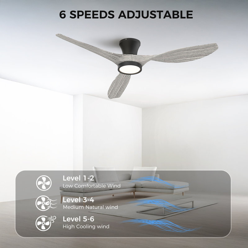 Jacara 52" Flush Mount Ceiling Fan with LED Light & Remote, Black with White Oak Blades