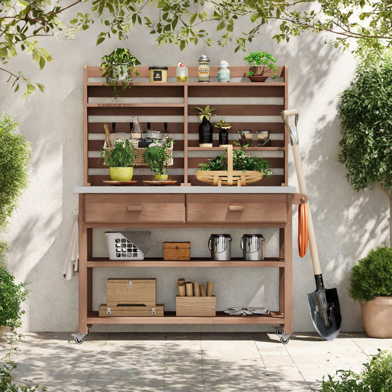 Îlot de cuisine extérieur en bois massif avec huche supérieure, Brun
