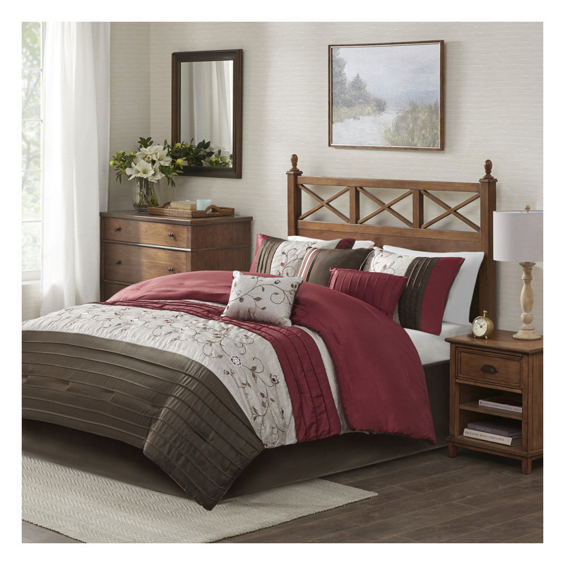 Ensemble d'édredon pour grand lit brodé rouge élégant avec coussins et taies décoratives 7 pièces Elegant