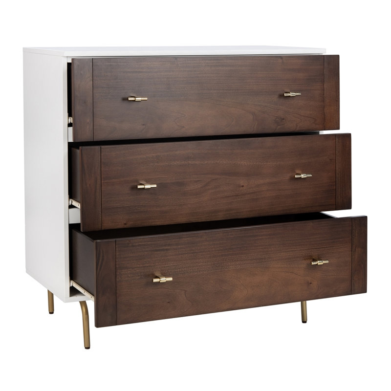 Stylish & Luxury Bronisław 36'' Nightstand – 3 Drawer Bedroom Dresser with Chic Modern Design, White/Walnut/Gold