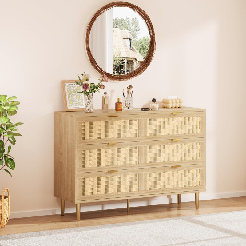 Commode 6 tiroirs en rotin, commode en bois de ferme avec 5 pieds en métal, poignées dorées, commode large double pour chambre à coucher, salon, blanc