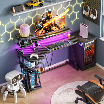 Gaming Computer Desk with LED Lights, Power Outlet, Monitor Stand & Storage Shelves, Modern Gamer Corner Desk