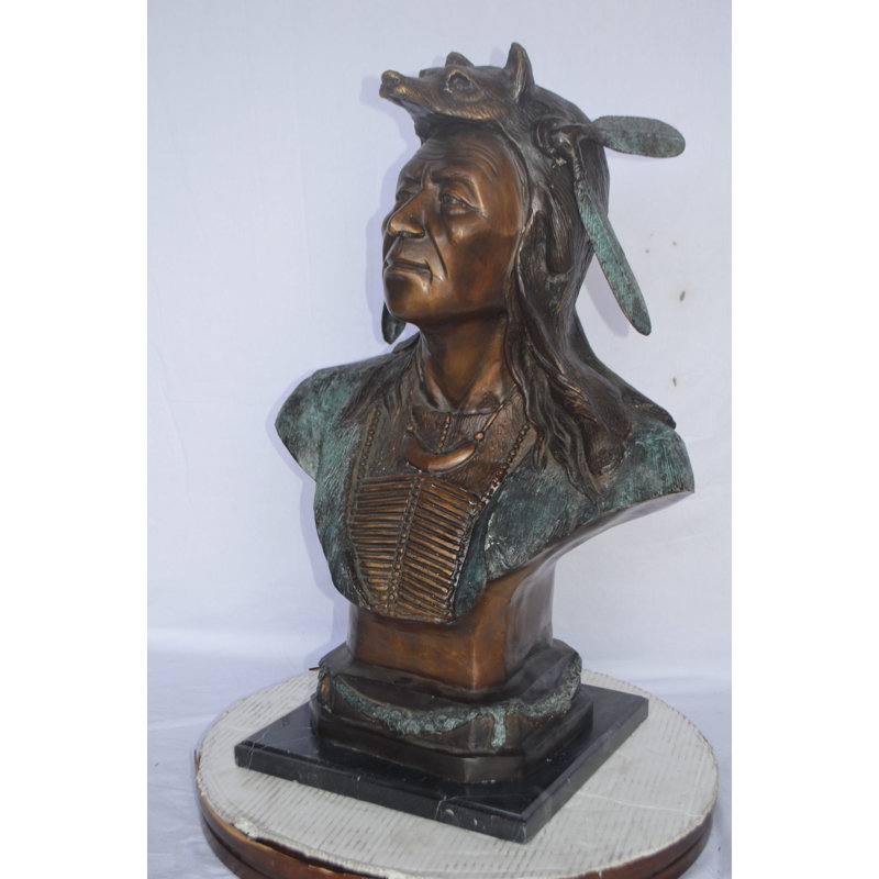 Bronze Indian Tribe Leader Bust Statue with Green Patina Finish