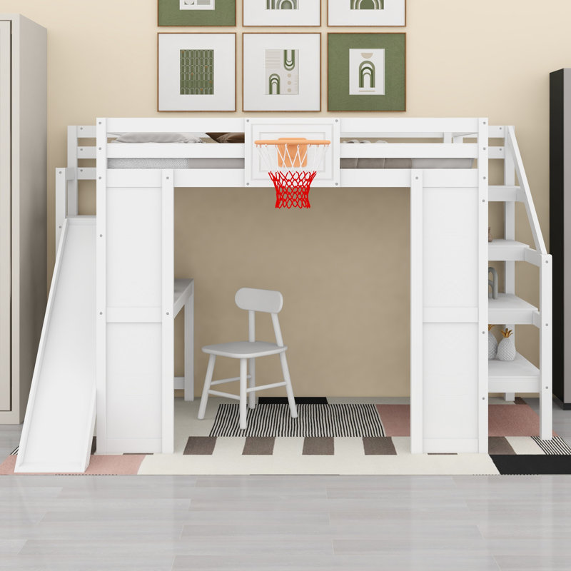 Lit mezzanine multifonctionnel avec bureau et panier de basketball, Blanc