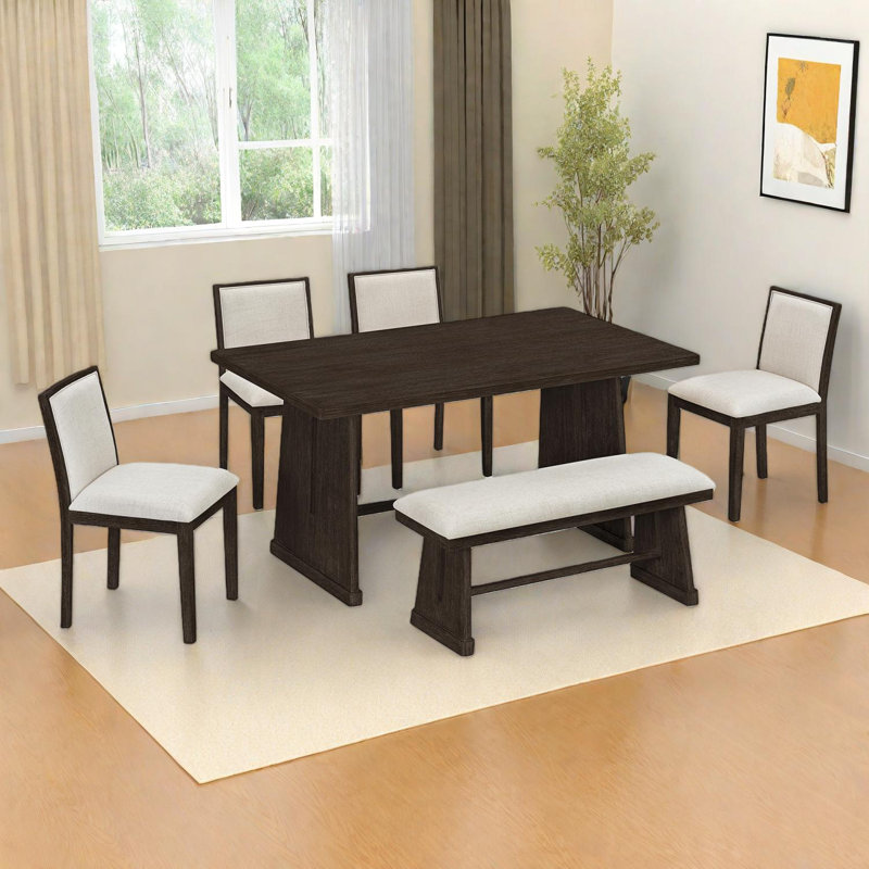 Ensemble de table de salle à manger rustique 6 pièces avec pieds trapézoïdaux, Espresso
