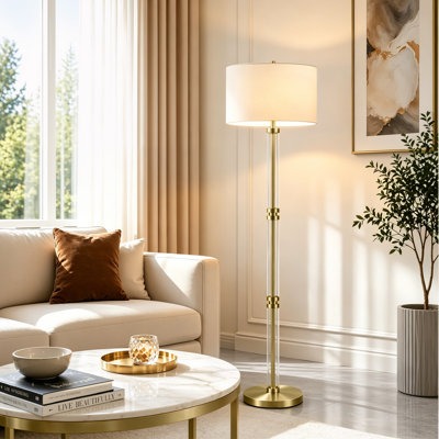 62" Modern Luxury Glass Metal Antique Bronze Floor Lamp with 3-Way Dimmable Lighting and Drum Linen Shade
