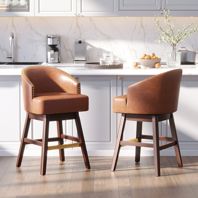Tabouret de comptoir pivotant 26,5 po en similicuir avec pieds en bois massif, Brun