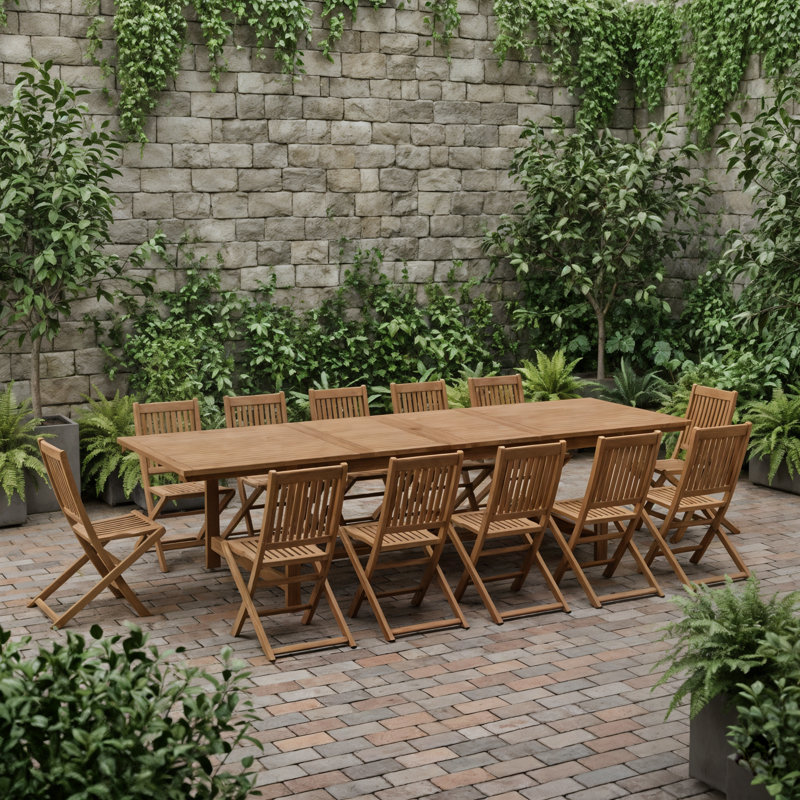Wayland 15-Piece Outdoor Rectangular Extendable Dining Table And Chairs Set | Eucalyptus Wood | Ideal For Patio, Brown Table